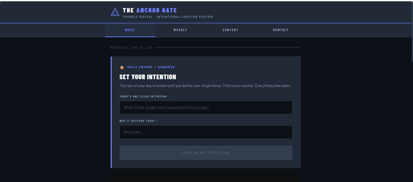 Daily Anchor view — Set Your Intention
