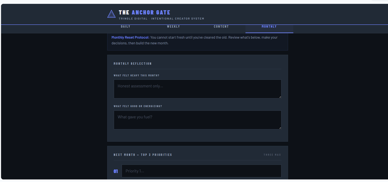 Monthly Reset Protocol — Reflection and Priorities